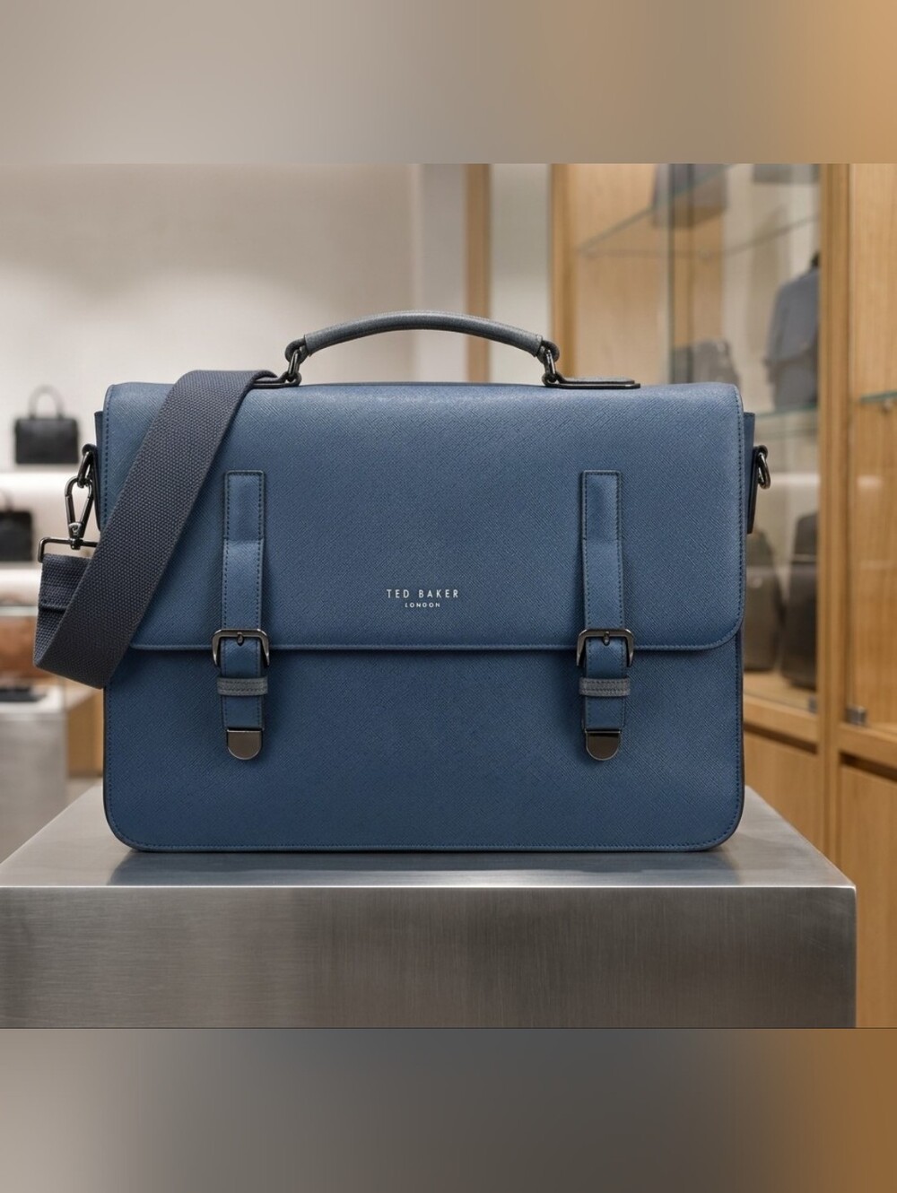 Ted Baker Navy Blue Leather Briefcase with Buckle Straps